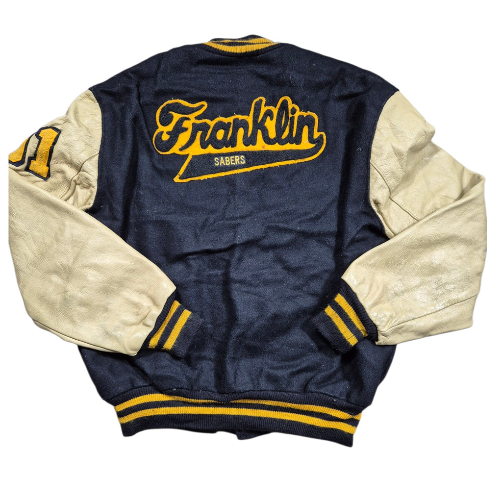 Vintage DeLONG Varsity Jacket (XL) Made in USA Franklin Sabers Lederärmel Collegejacke 90s
