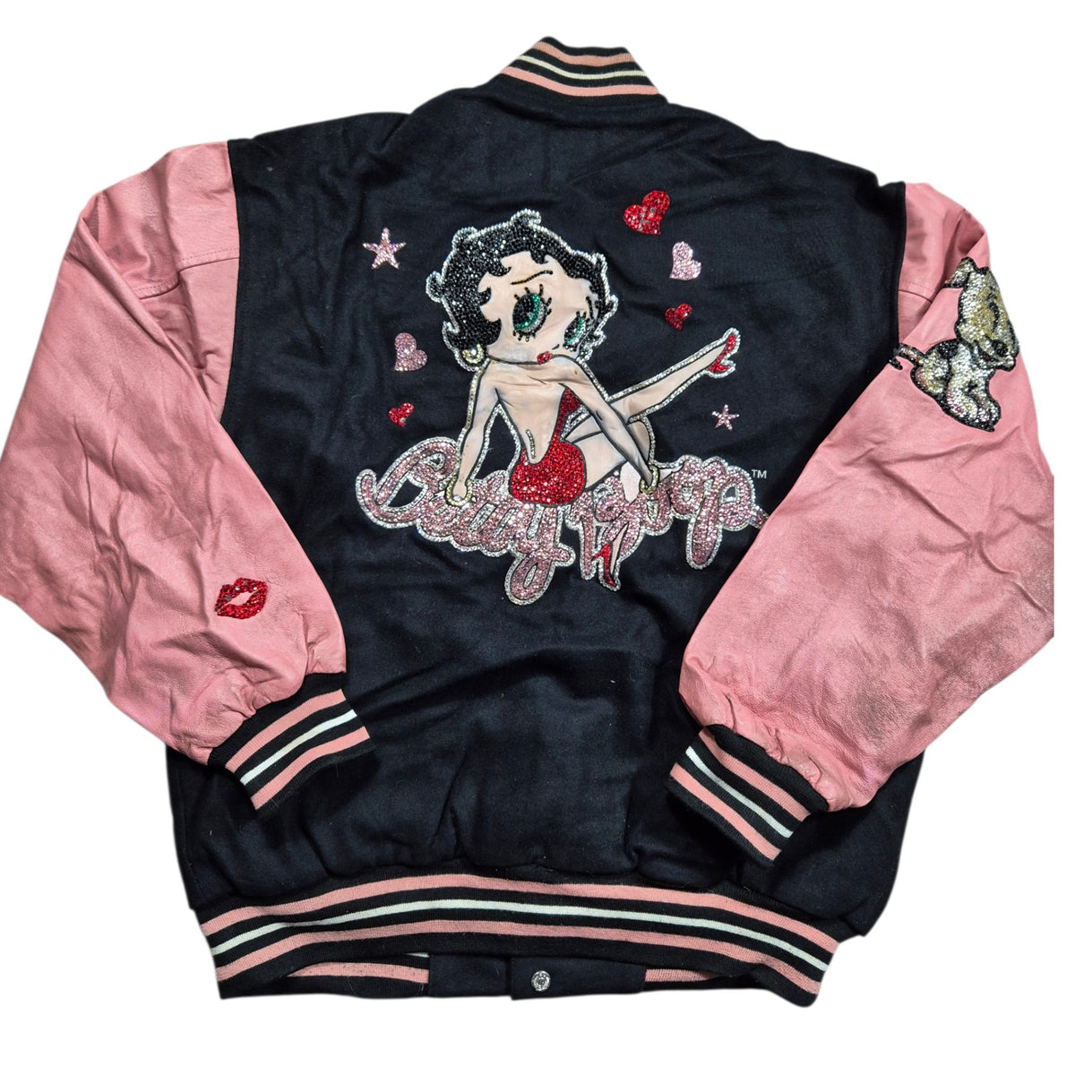 Vintage Betty Boop Varsity  Lederjacke Gr XL Collegejacke Rosa Schwarz Pailletten Y2K 2000s
