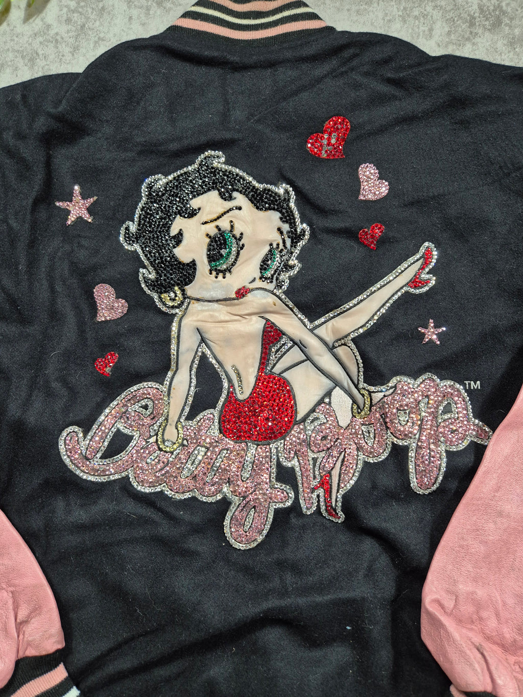Vintage Betty Boop Varsity  Lederjacke Gr XL Collegejacke Rosa Schwarz Pailletten Y2K 2000s