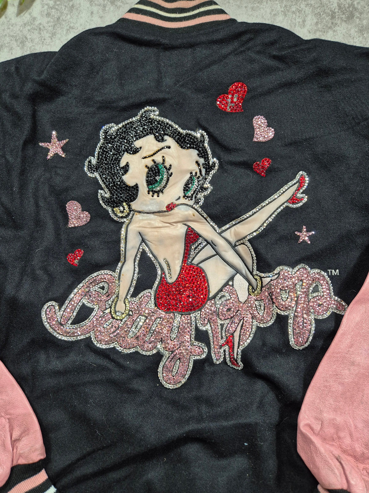 Vintage Betty Boop Varsity  Lederjacke Gr XL Collegejacke Rosa Schwarz Pailletten Y2K 2000s