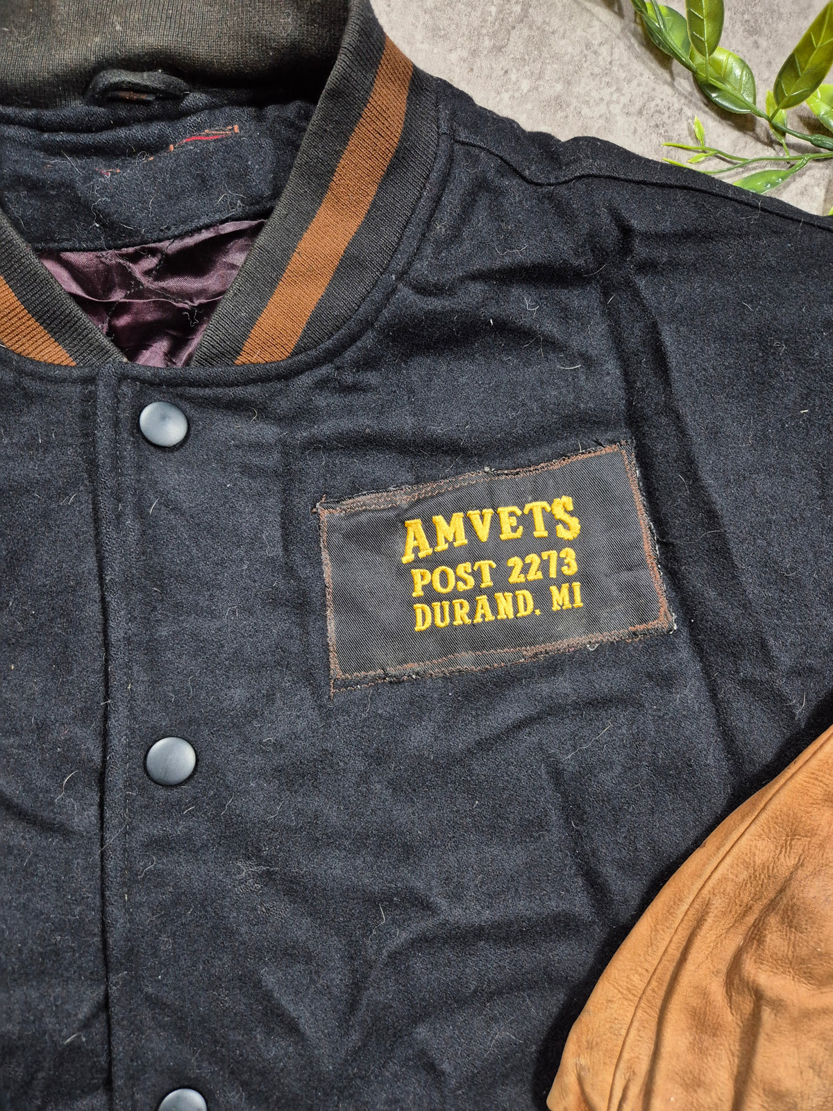 Vintage Swingster Varsity Jacket (XL) AMVETS Collegejacke Lederärmel Braun Schwarz 90s