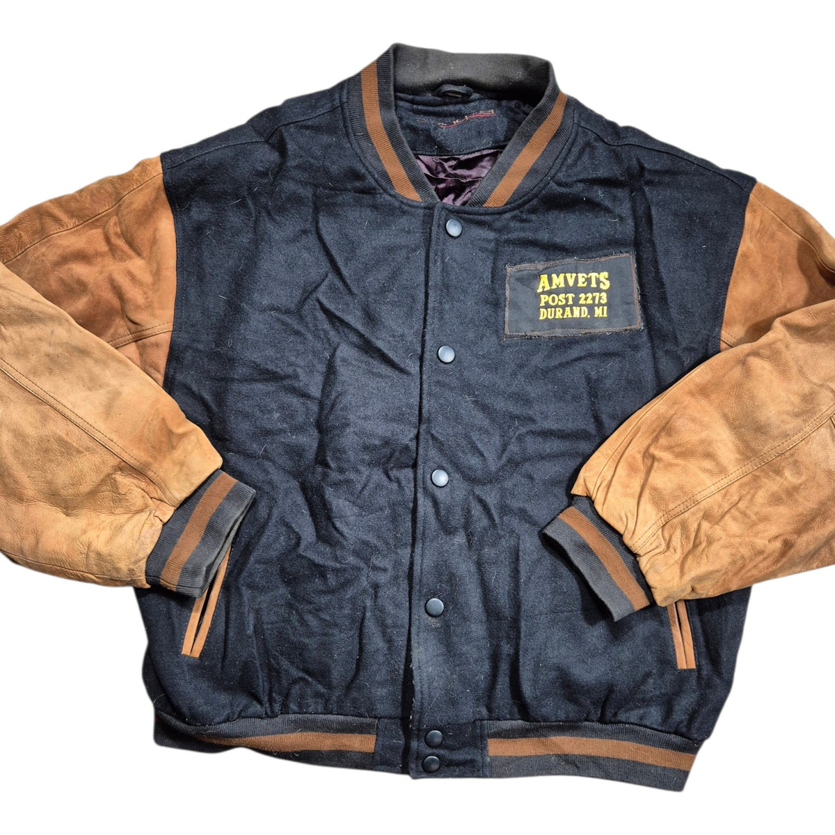 Vintage Swingster Varsity Jacket (XL) AMVETS Collegejacke Lederärmel Braun Schwarz 90s
