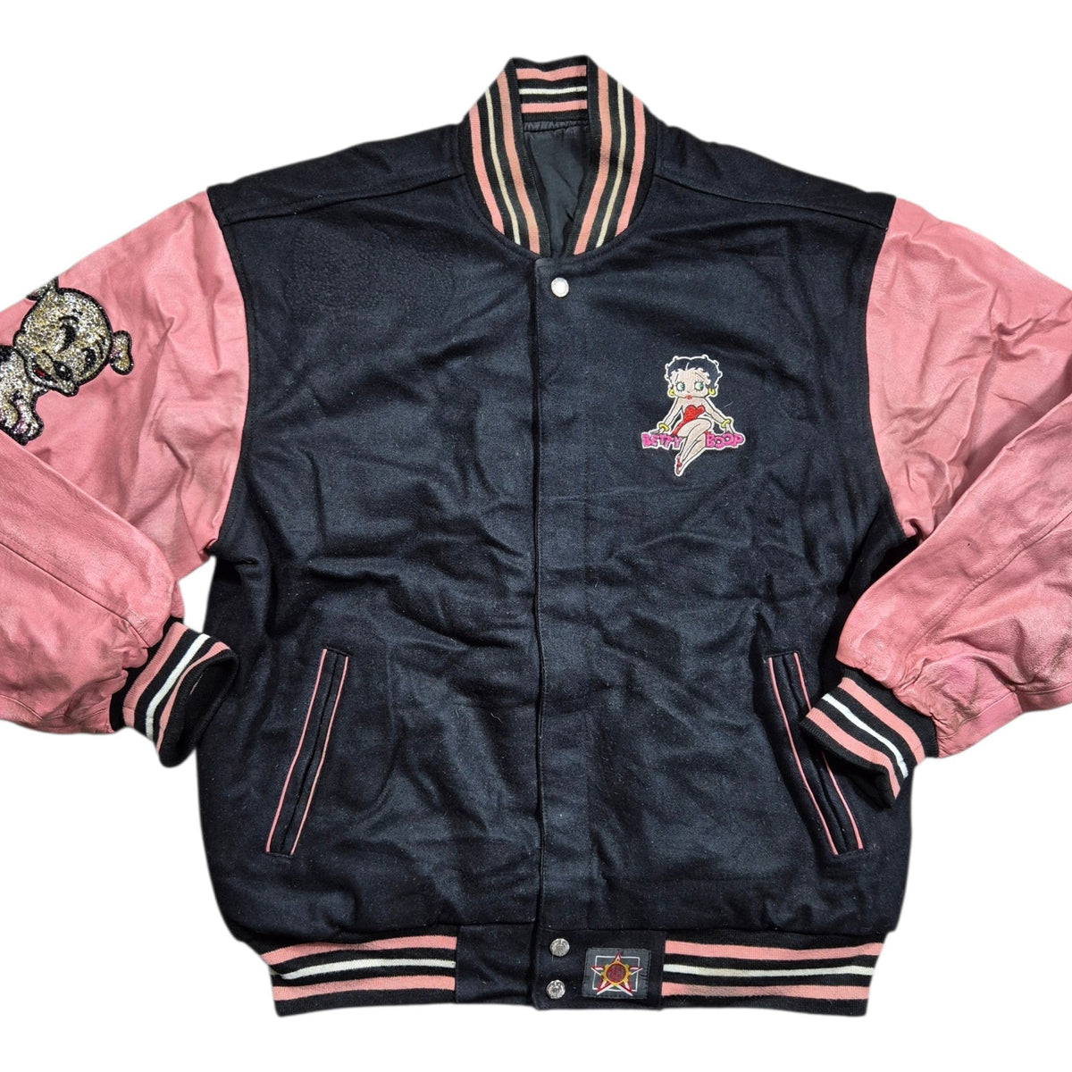 Vintage Betty Boop Varsity  Lederjacke Gr XL Collegejacke Rosa Schwarz Pailletten Y2K 2000s
